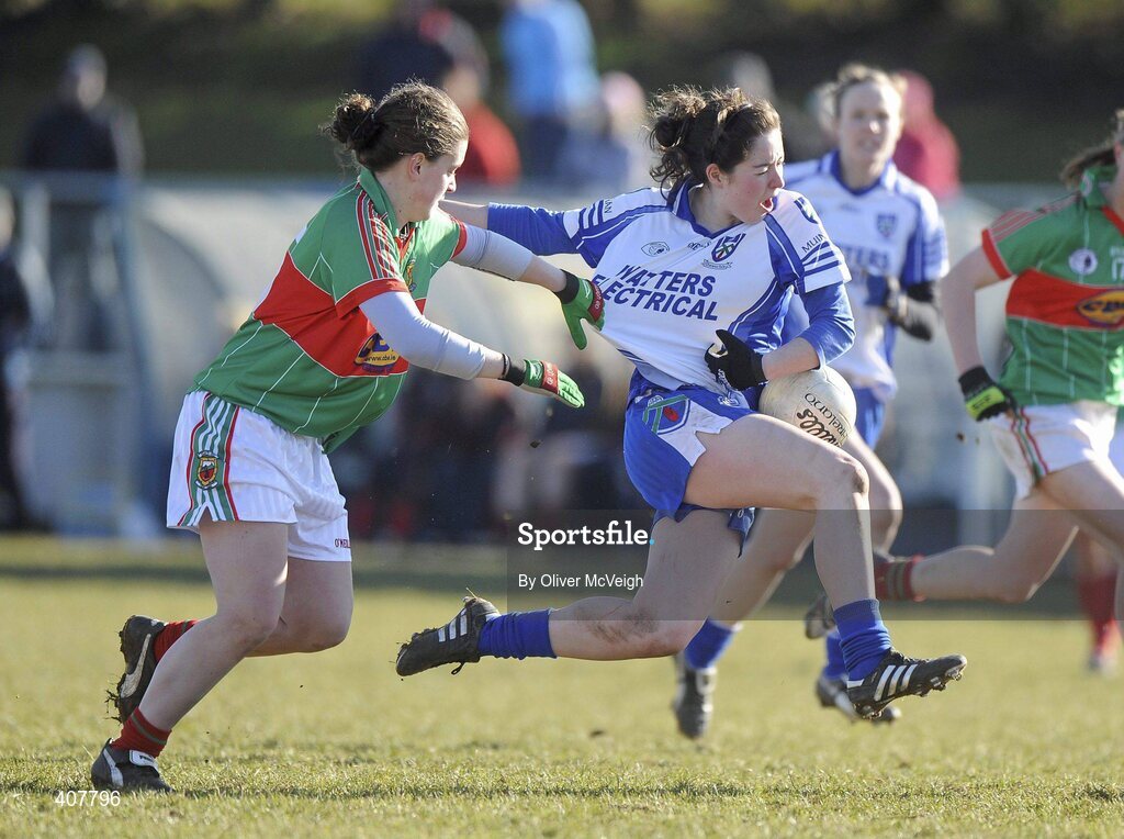 7 March 2010; Cathriona McConnell, Monaghan, in action against Kathryn Sullivan, Mayo. Bord Gais Energy Ladies National Football League Division 1 Round 4, Monaghan v Mayo Emyvale, Co. Monaghan. Picture credit: Oliver McVeigh / SPORTSFILE