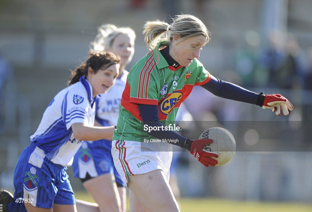 7 March 2010; Cora Staunton, Mayo, in action against Christina Reilly, Monaghan. Bord Gais Energy Ladies National Football League Division 1 Round 4, Monaghan v Mayo Emyvale, Co. Monaghan. Picture credit: Oliver McVeigh / SPORTSFILE