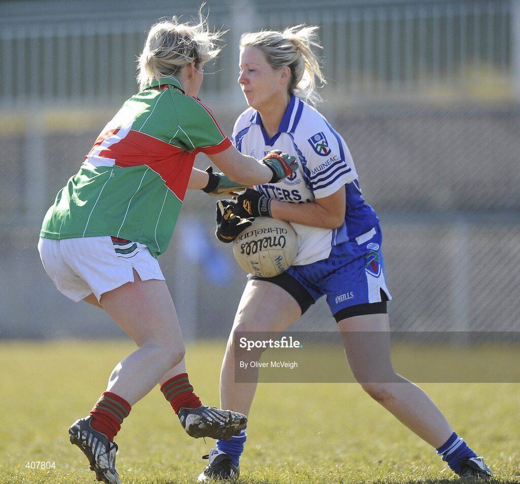 7 March 2010; Michellle Grimes, Monaghan, in action against Clodagh Martin, Mayo. Bord Gais Energy Ladies National Football League Division 1 Round 4, Monaghan v Mayo Emyvale, Co. Monaghan. Picture credit: Oliver McVeigh / SPORTSFILE