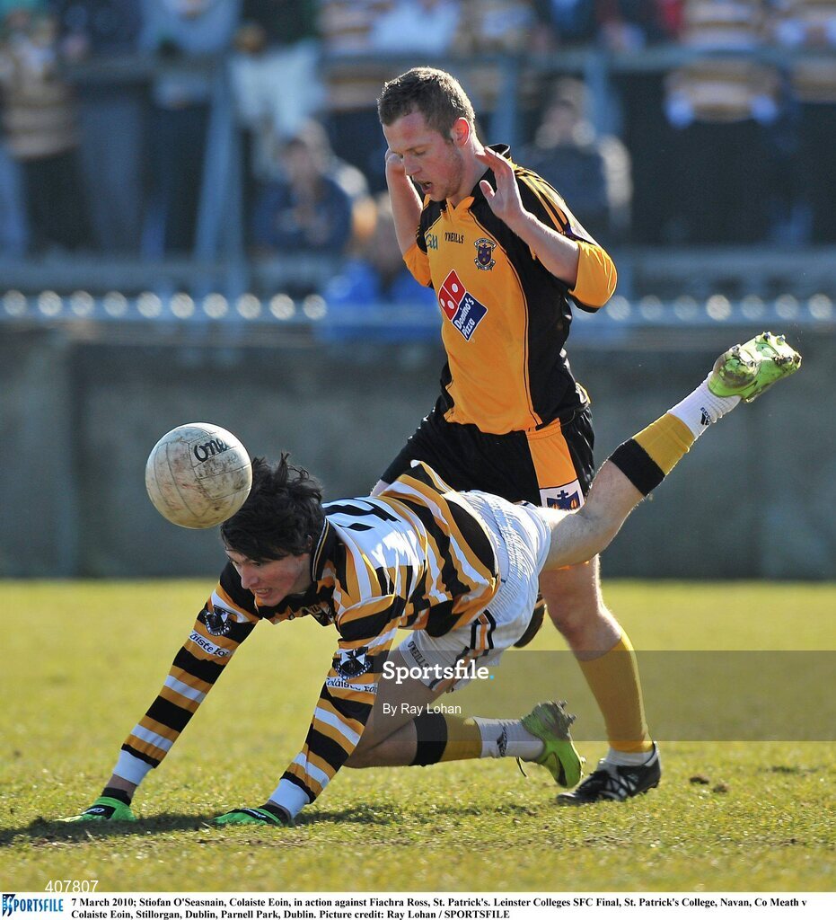 7 March 2010; Stiofan O'Seasnain, Colaiste Eoin, in action against Fiachra Ross, St. Patrick's. Leinster Colleges SFC Final, St. Patrick's College, Navan, Co Meath v Colaiste Eoin, Stillorgan, Dublin, Parnell Park, Dublin. Picture credit: Ray Lohan / SPORTSFILE