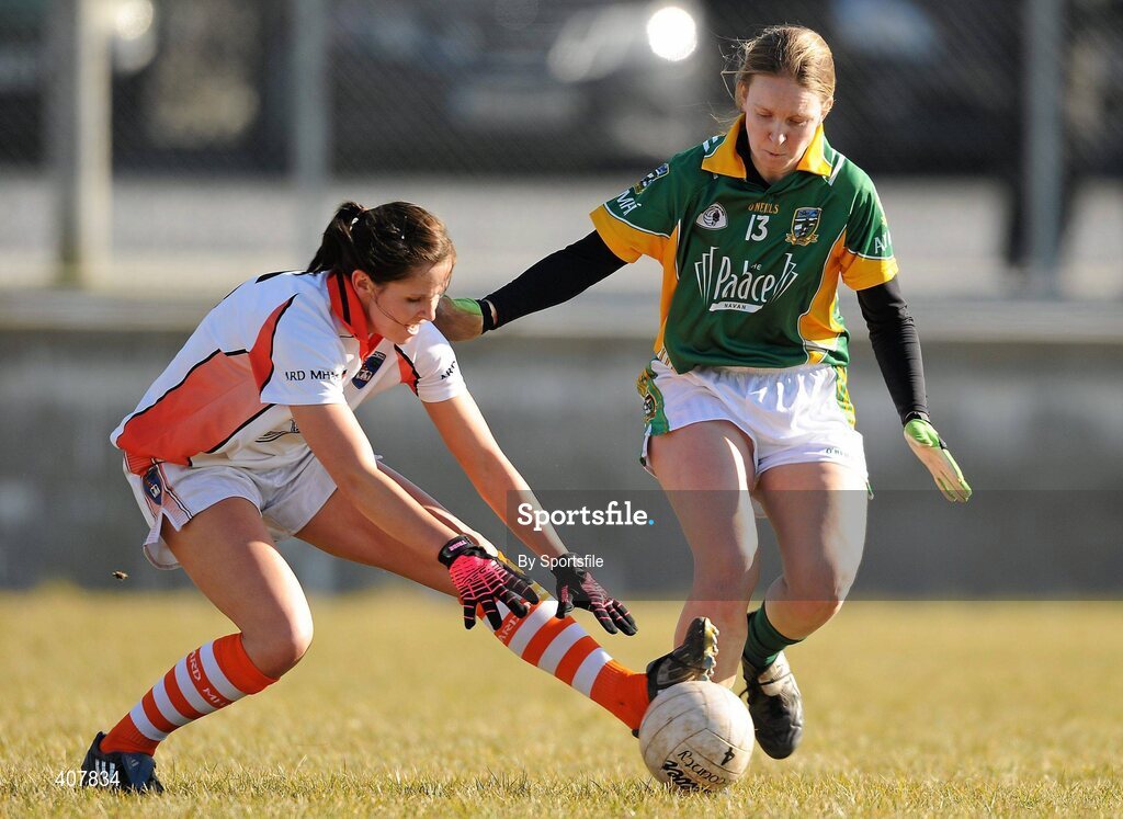 7 March 2010; Sinead McCleary, Armagh, in action against Elaine Duffy, Meath. Bord Gais Energy Ladies National Football League Division 2 Round 4, Armagh v Meath, Cullaville, Co. Armagh. Photo by Sportsfile