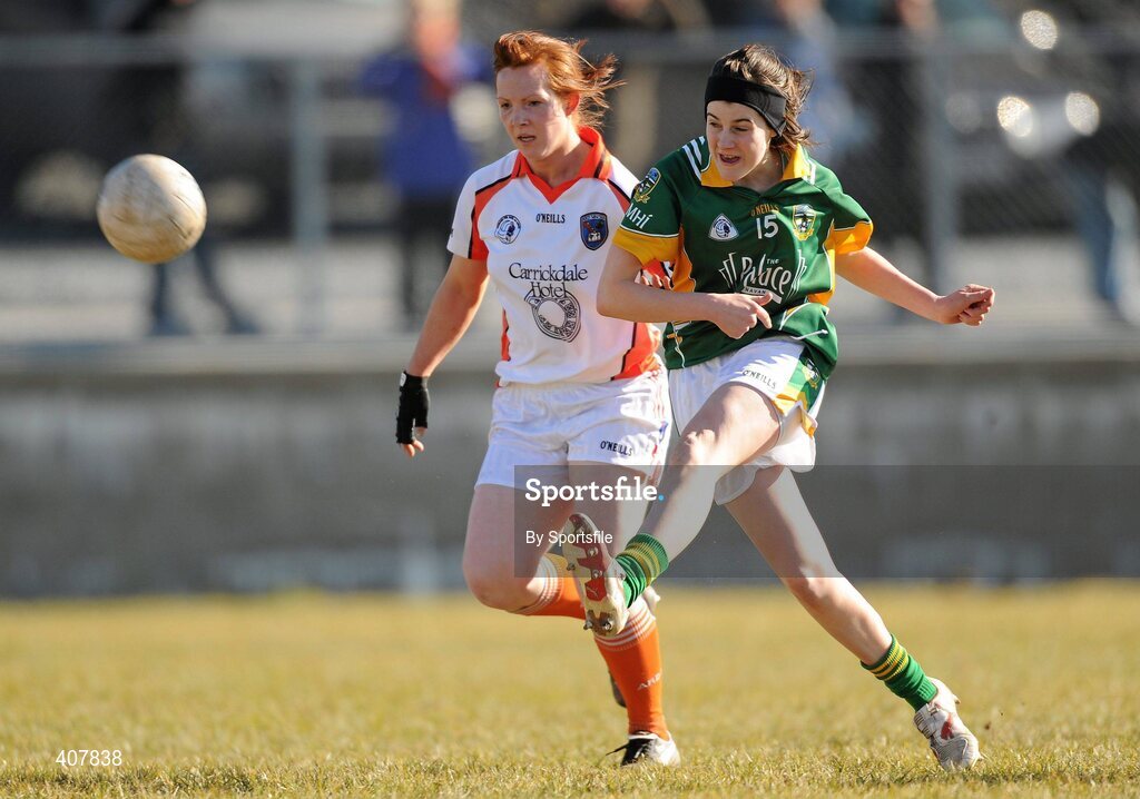 7 March 2010; Jetta Lynch, Meath, in action against Caoimhe Morgan, Armagh. Bord Gais Energy Ladies National Football League Division 2 Round 4, Armagh v Meath, Cullaville, Co. Armagh. Photo by Sportsfile