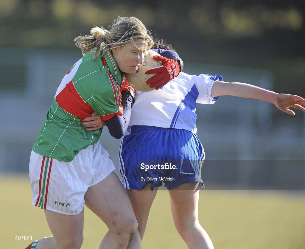 7 March 2010; Cora Staunton, Mayo, in action against Elanna Hackett, Monaghan. Bord Gais Energy Ladies National Football League Division 1 Round 4, Monaghan v Mayo Emyvale, Co. Monaghan. Picture credit: Oliver McVeigh / SPORTSFILE
