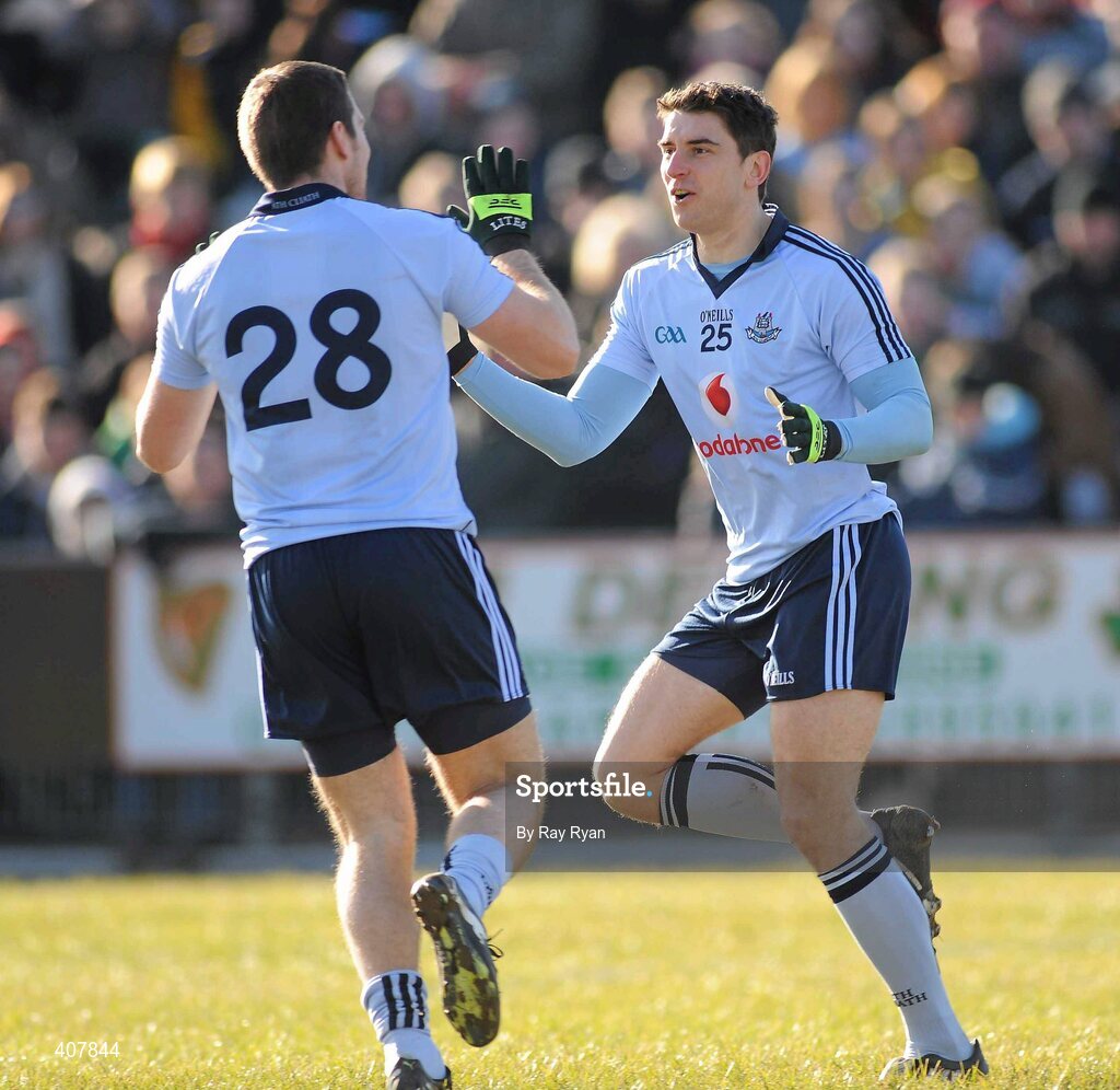 7 March 2010; Bernard Brogan ,25, Dublin, celebrates after scoring a goal with team mate Conal Keaney, against Mayo. Allianz GAA Football National League Division 1 Round 3, Mayo v Dublin, McHale Park, Castlebar, Co. Mayo. Picture credit: Ray Ryan / SPORTSFILE