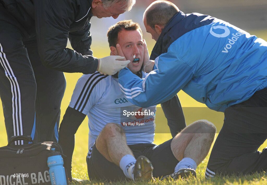 7 March 2010; Paul Conlon, Dublin gets medical attention. Allianz GAA Football National League Division 1 Round 3, Mayo v Dublin, McHale Park, Castlebar, Co. Mayo. Picture credit: Ray Ryan / SPORTSFILE