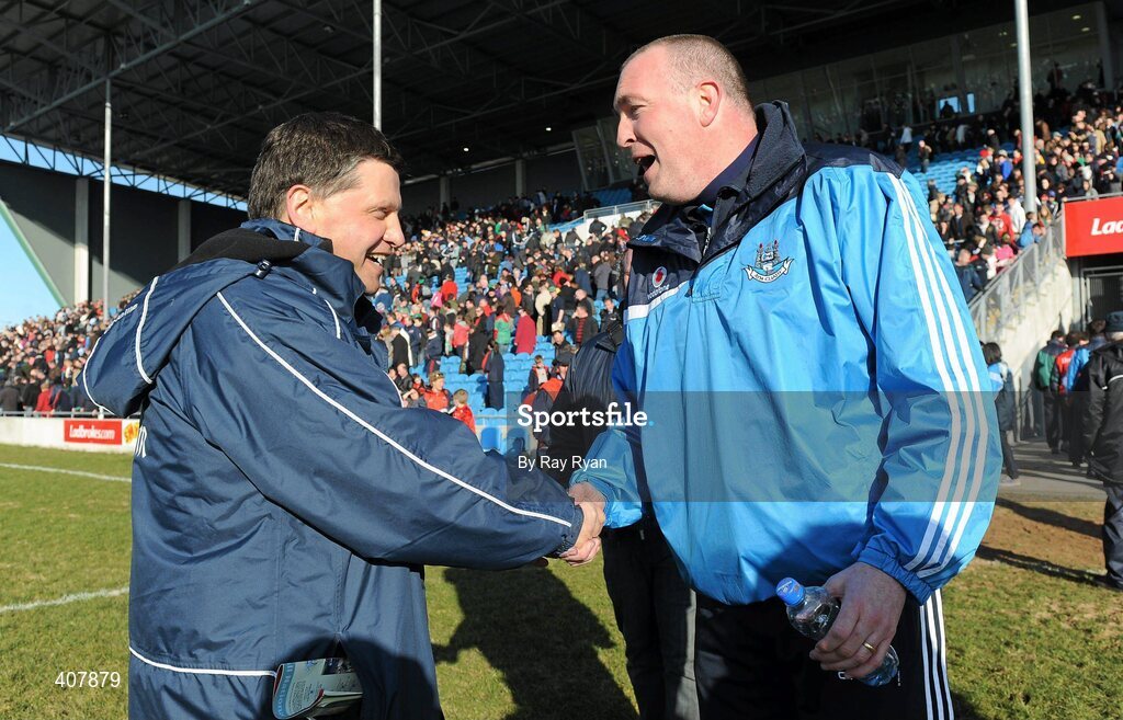 7 March 2010; John O Mahony, Mayo manager, shakes the hand of Pat Gilroy, Dublin manager, after the match. Allianz GAA Football National League Division 1 Round 3, Mayo v Dublin, McHale Park, Castlebar, Co. Mayo. Picture credit: Ray Ryan / SPORTSFILE