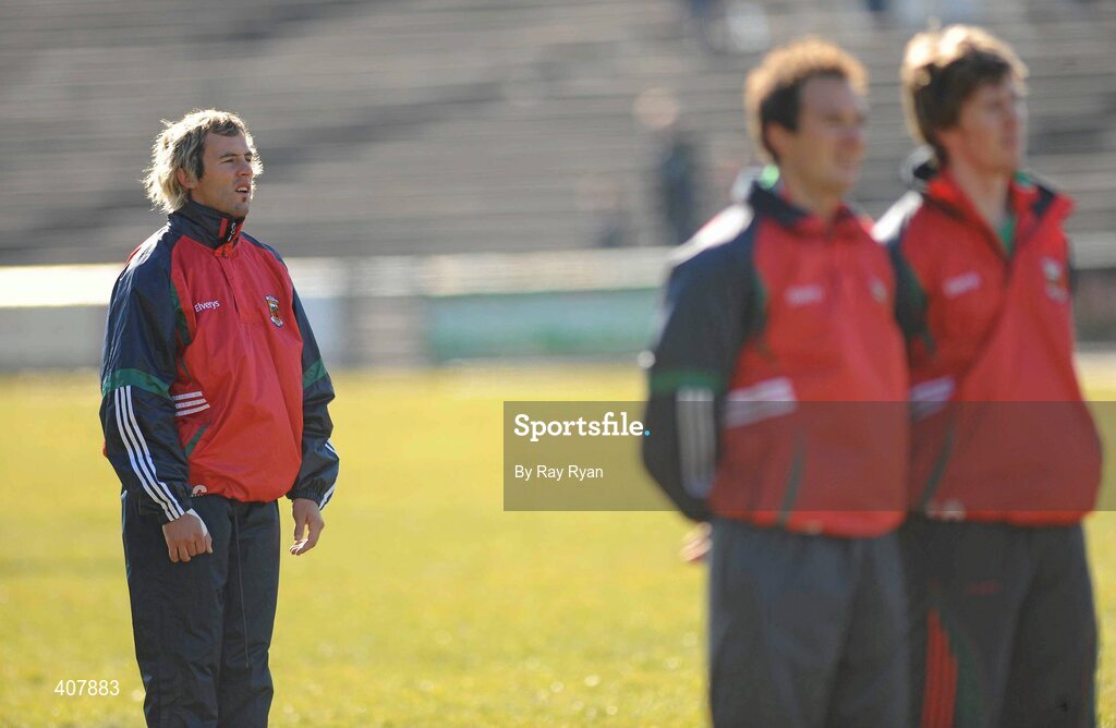7 March 2010; Conor Mortimer, Mayo, stands for the national athem. Allianz GAA Football National League Division 1 Round 3, Mayo v Dublin, McHale Park, Castlebar, Co. Mayo. Picture credit: Ray Ryan / SPORTSFILE