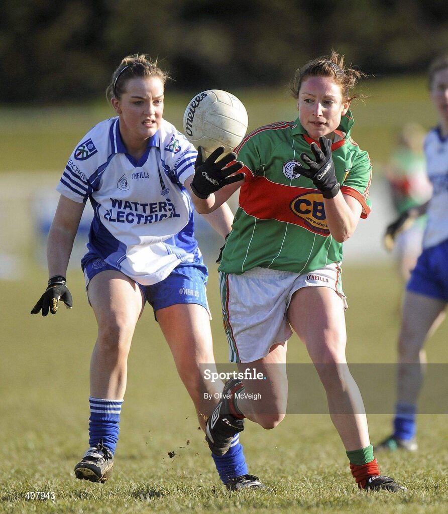 7 March 2010; Sinead Hughes, Mayo, in action against Ellen McCarron, Monaghan. Bord Gais Energy Ladies National Football League Division 1 Round 4, Monaghan v Mayo Emyvale, Co. Monaghan. Picture credit: Oliver McVeigh / SPORTSFILE