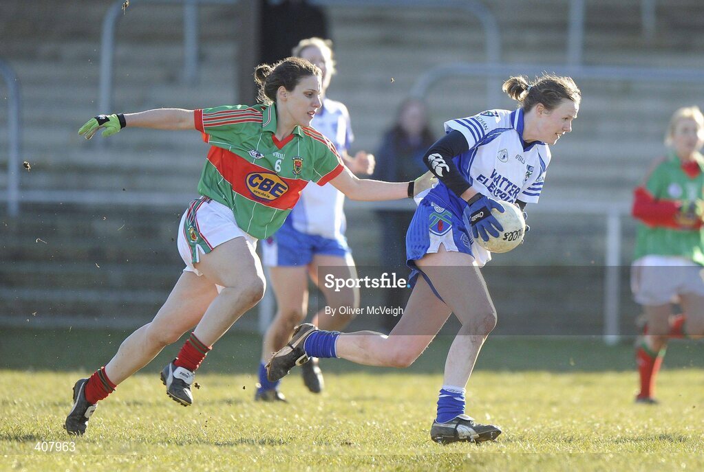 7 March 2010; Edel Byrne, Monaghan, in action against Martha Carter, Mayo. Bord Gais Energy Ladies National Football League Division 1 Round 4, Monaghan v Mayo Emyvale, Co. Monaghan. Picture credit: Oliver McVeigh / SPORTSFILE