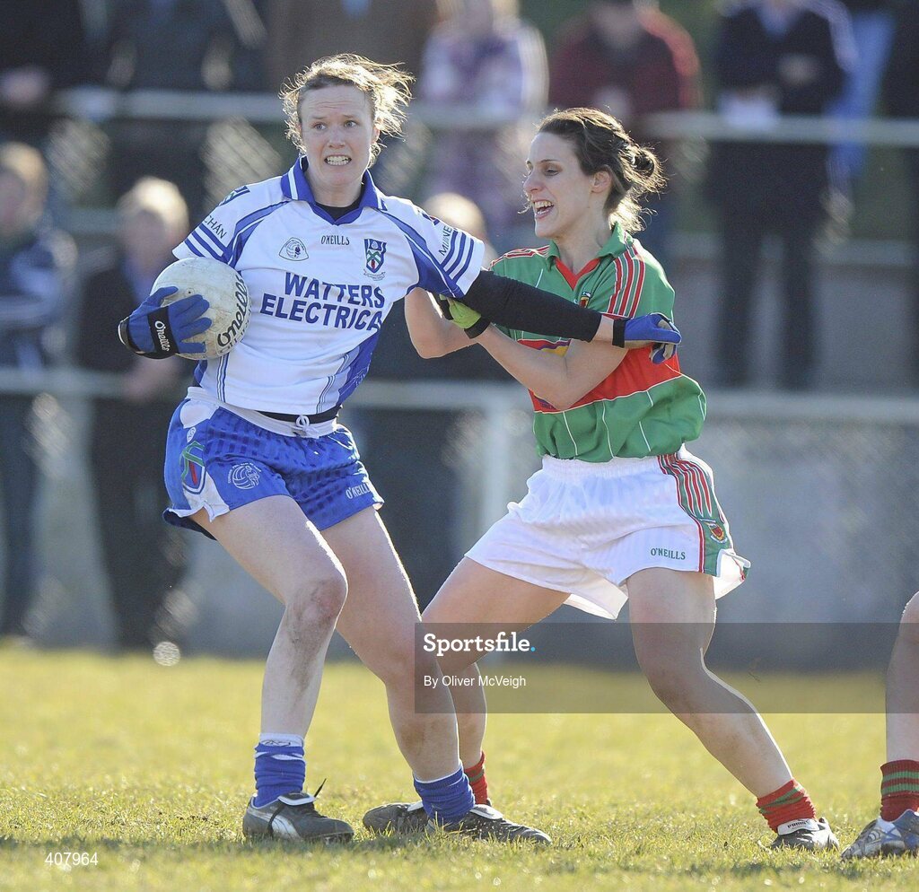 7 March 2010; Edel Byrne, Monaghan, in action against Martha Carter, Mayo. Bord Gais Energy Ladies National Football League Division 1 Round 4, Monaghan v Mayo Emyvale, Co. Monaghan. Picture credit: Oliver McVeigh / SPORTSFILE