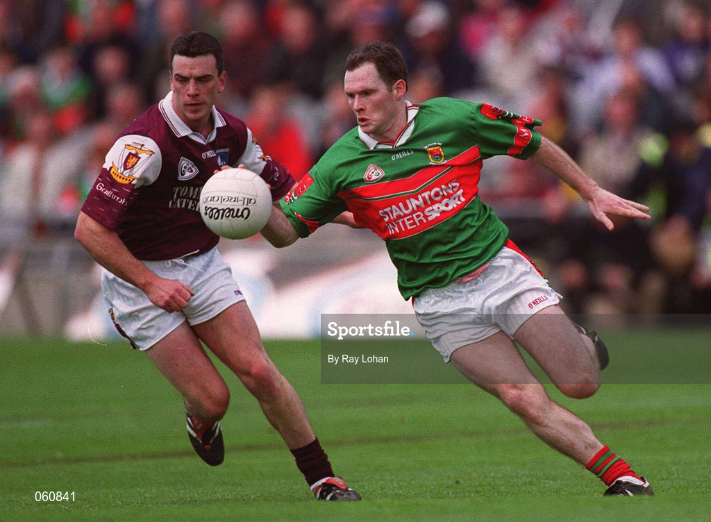 29 April 2001; Fergal Costello of Mayo gets away from Padraic Joyce of Galway during the Allianz GAA National Football League Division 1 Final match betweem Mayo and Galway at Croke Park in Dublin. Photo by Ray Lohan/Sportsfile
