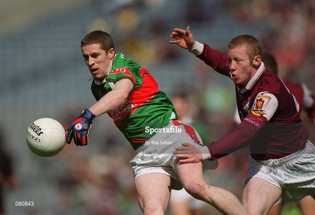 29 April 2001; Stephen Carolan of Mayo in action against Michael Comer of Galway during the Allianz GAA National Football League Division 1 Final match betweem Mayo and Galway at Croke Park in Dublin. Photo by Ray Lohan/Sportsfile