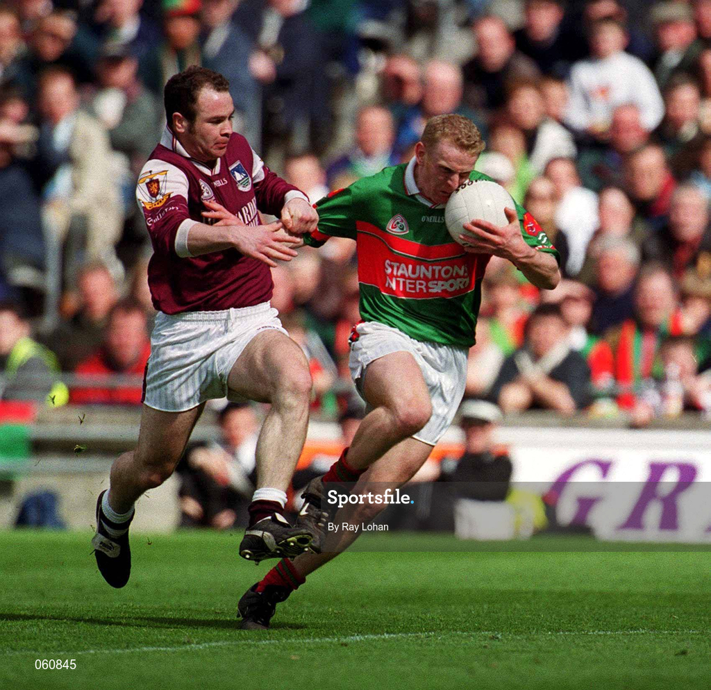 29 April 2001; David McDonagh of Mayo holds off the challenge of John Divilly of Galway during the Allianz GAA National Football League Division 1 Final match betweem Mayo and Galway at Croke Park in Dublin. Photo by Ray Lohan/Sportsfile
