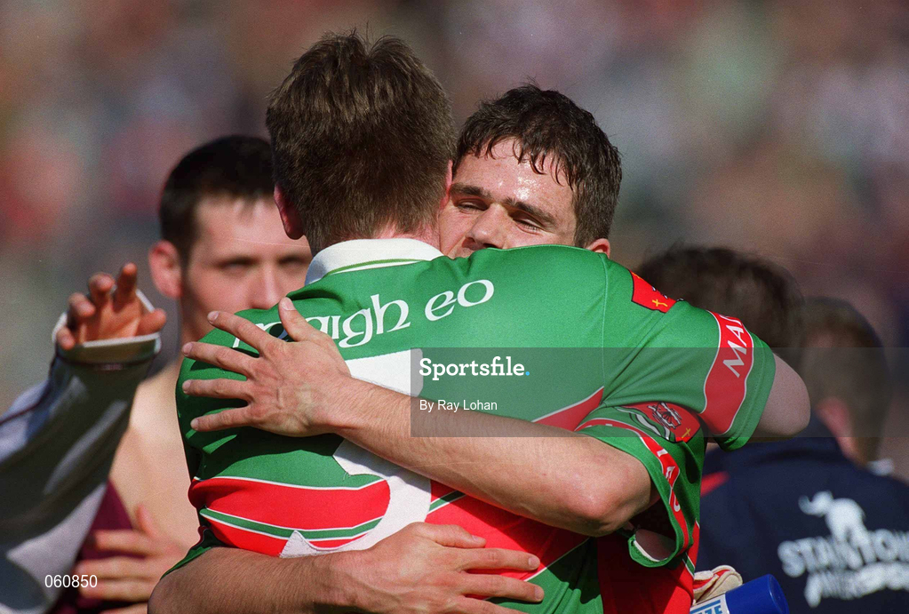29 April 2001; Mayo players James Gill and Kevin Cahill celebrate after the Allianz GAA National Football League Division 1 Final match betweem Mayo and Galway at Croke Park in Dublin. Photo by Ray Lohan/Sportsfile