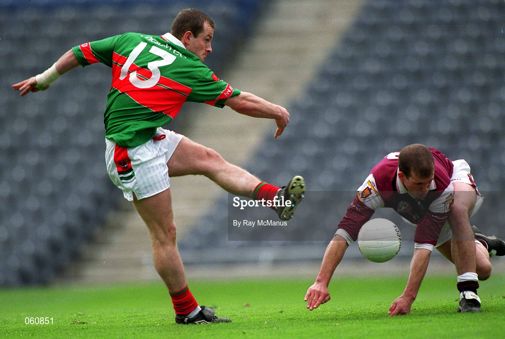 29 April 2001; Marty McNicholas of Mayo has his shot blocked by Richie Fahy of Galway during the Allianz GAA National Football League Division 1 Final match betweem Mayo and Galway at Croke Park in Dublin. Photo by Ray McManus/Sportsfile