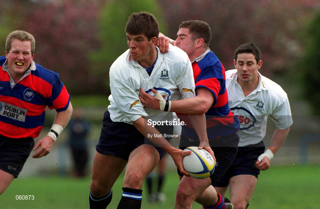 29 April 2001; Donncha O'Callaghan of Cork Constitution is tackled by Tommy Kearns of Clontarf during the AIB All-Ireland League Rugby Division 1 match between Clontarf and Cork Constitution at Castle Avenue in Dublin. Photo by Matt Browne/Sportsfile