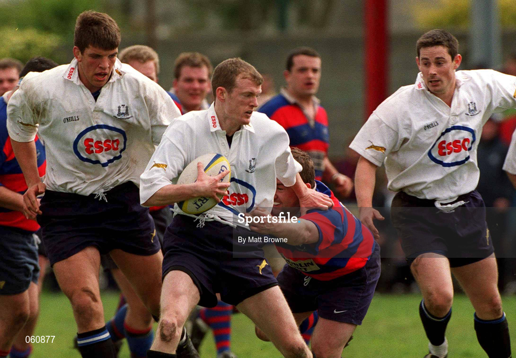 29 April 2001; John Fogarty of Cork Constitution is tackled by Richie Murphy of Clontarf during the AIB All-Ireland League Rugby Division 1 match between Clontarf and Cork Constitution at Castle Avenue in Dublin. Photo by Matt Browne/Sportsfile