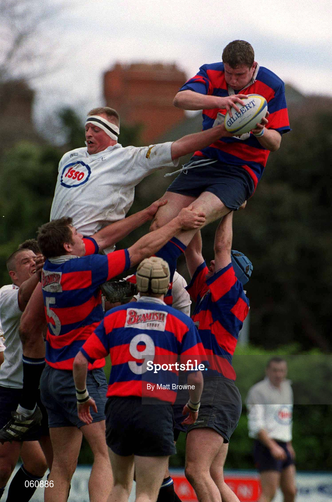 29 April 2001; Donal Sheehan of Clontarf takes the ball in the line-out from Mick O'Driscoll of Cork Constitution during the AIB All-Ireland League Rugby Division 1 match between Clontarf and Cork Constitution at Castle Avenue in Dublin. Photo by Matt Browne/Sportsfile