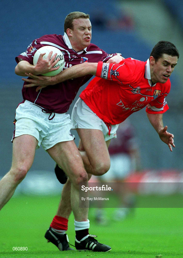 29 April 2001; Damien Gavin of Westmeath is tackled by Martin Cronin of Cork during the Allianz GAA National Football League Division 2 Final match between Westmeath and Cork at Croke Park in Dublin. Photo by Ray McManus/Sportsfile