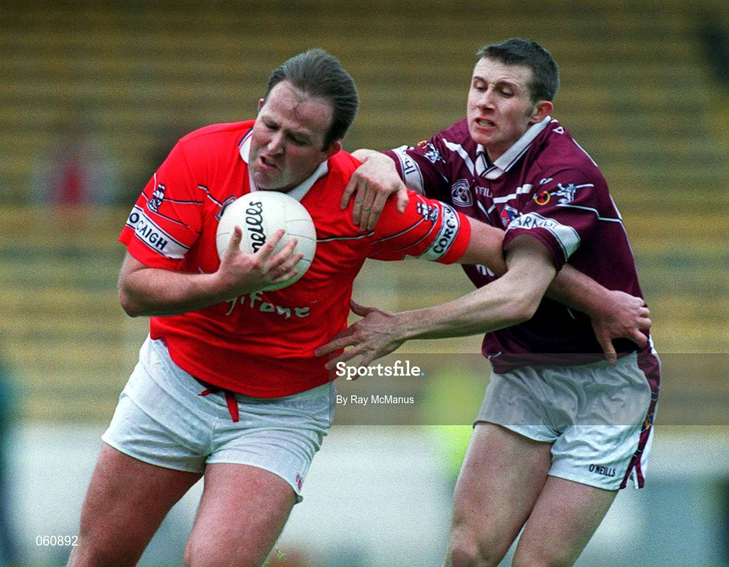 29 April 2001; Colin Corkery of Cork is tackled by Derek Heavin of Westmeath during the Allianz GAA National Football League Division 2 Final match between Westmeath and Cork at Croke Park in Dublin. Photo by Ray McManus/Sportsfile