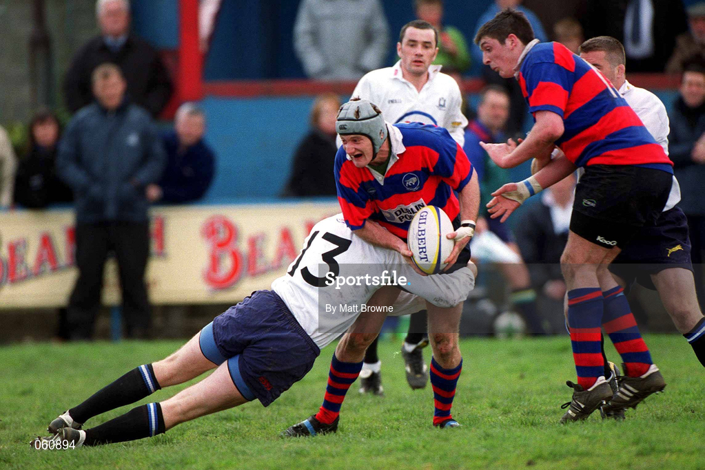 29 April 2001; Ronan O'Reilly of Clontarf is tackled by Conor Mahony of Cork Constitution during the AIB All-Ireland League Rugby Division 1 match between Clontarf and Cork Constitution at Castle Avenue in Dublin. Photo by Matt Browne/Sportsfile