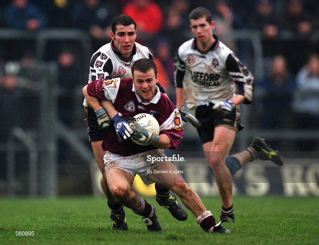 21 April 2001; Derek Savage of Galway in action against Brendan Philips of Sligo during the Allianz GAA National Football League Division 1 Semi-Final match between Galway and Sligo in Dr Hyde Park in Roscommon. Photo by Damien Eagers/Sportsfile