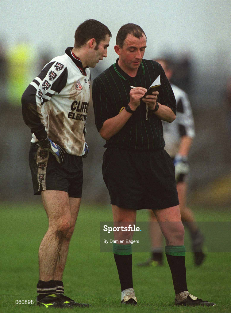21 April 2001; Brendan Philips of Sligo is booked by referee Seamus McCormack during the Allianz GAA National Football League Division 1 Semi-Final match between Galway and Sligo in Dr Hyde Park in Roscommon. Photo by Damien Eagers/Sportsfile