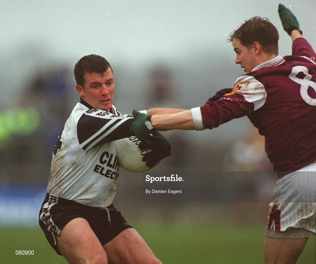 21 April 2001; Paul Taylor of Sligo is tackled by Michael Donnellan of Galway during the Allianz GAA National Football League Division 1 Semi-Final match between Galway and Sligo in Dr Hyde Park in Roscommon. Photo by Damien Eagers/Sportsfile
