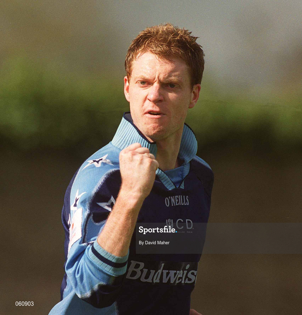 29 April 2001; Tony McDonnell of UCD celebrates after scoring his side's winning goal during the Eircom League Premier Division match between UCD and Shamrock Rovers at Belfield Park in UCD, Dublin. Photo by David Maher/Sportsfile