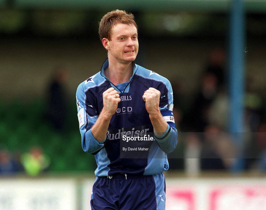29 April 2001; Tony McDonnell of UCD, scorer of the winning goal, celebrates after the Eircom League Premier Division match between UCD and Shamrock Rovers at Belfield Park in UCD, Dublin. Photo by David Maher/Sportsfile
