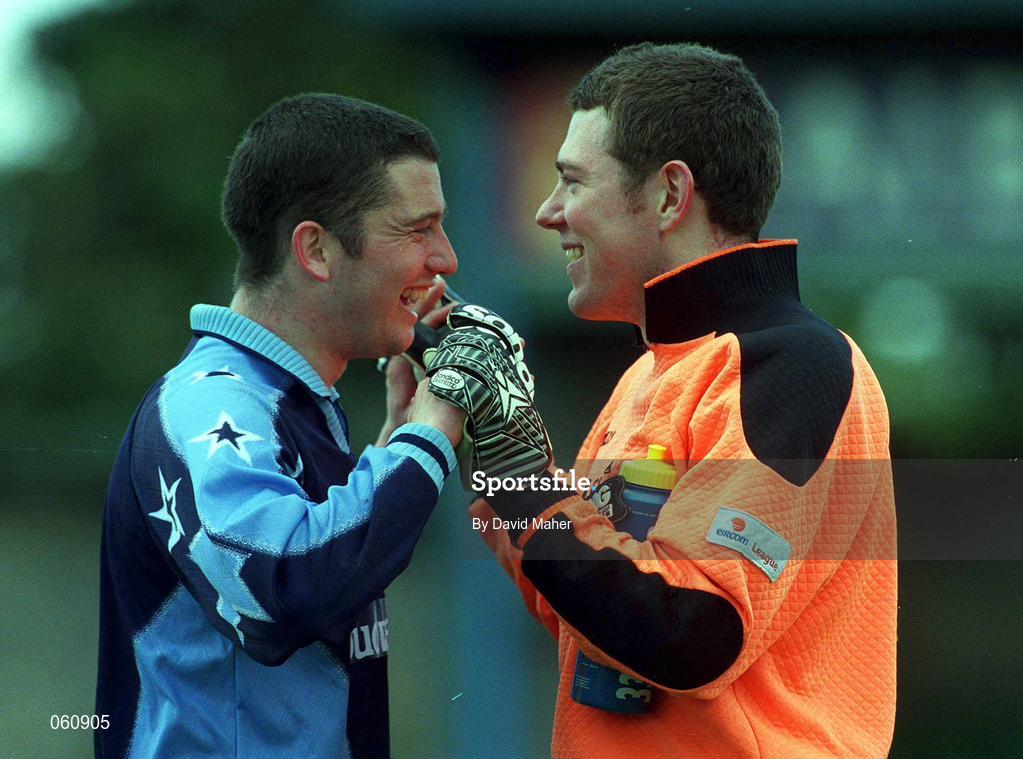 29 April 2001; UCD players Robert McAuley, left, celebrates with his goalkeeper Patrick Jennings, son of former Northern Ireland international Pat Jennings, after the Eircom League Premier Division match between UCD and Shamrock Rovers at Belfield Park in UCD, Dublin. Photo by David Maher/Sportsfile