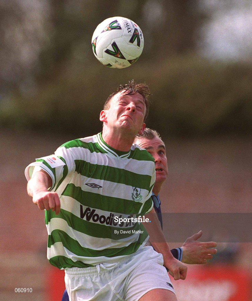 29 April 2001; Gareth Cronin of Shamrock Rovers in action against Derek Swan of UCD during the Eircom League Premier Division match between UCD and Shamrock Rovers at Belfield Park in UCD, Dublin. Photo by David Maher/Sportsfile