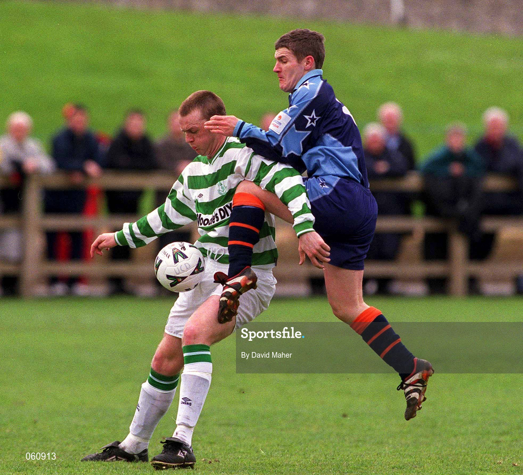 29 April 2001; Pat Deans of Shamrock Rovers in action against Ciaran Kavanagh of UCD during the Eircom League Premier Division match between UCD and Shamrock Rovers at Belfield Park in UCD, Dublin. Photo by David Maher/Sportsfile