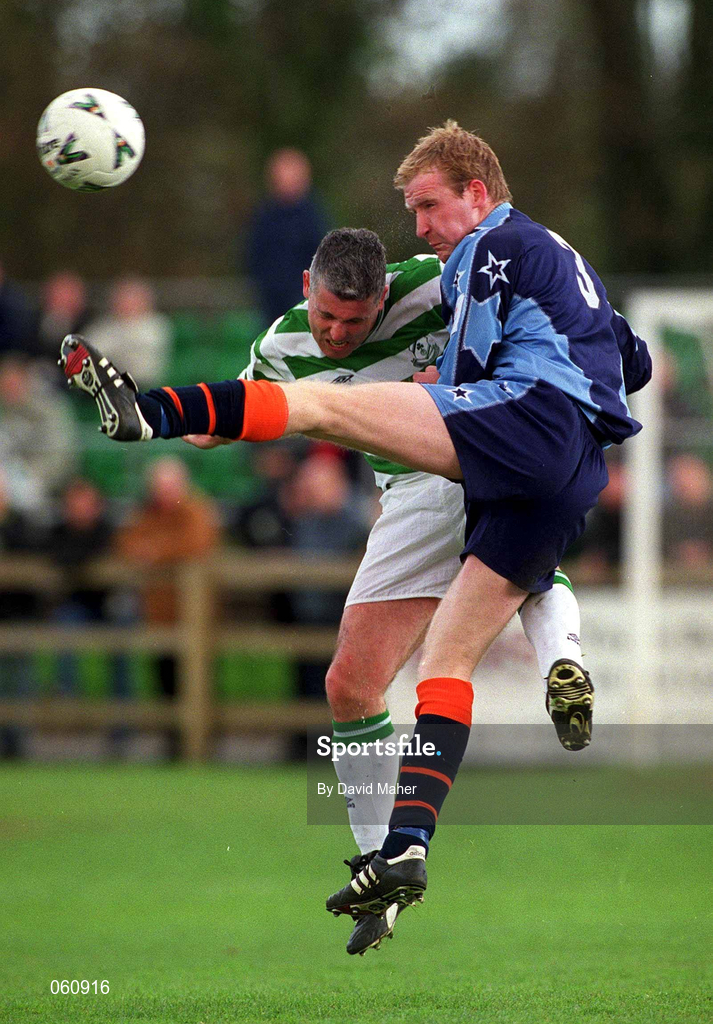 29 April 2001; Tony Cousins of Shamrock Rovers in action against Michael O'Donnell of UCD during the Eircom League Premier Division match between UCD and Shamrock Rovers at Belfield Park in UCD, Dublin. Photo by David Maher/Sportsfile