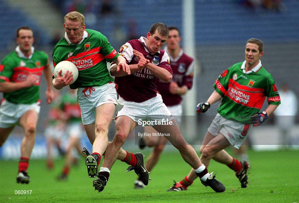 29 April 2001; David McDonagh of Mayo is tackled by Richie Fahy of Galway during the Allianz GAA National Football League Division 1 Final match betweem Mayo and Galway at Croke Park in Dublin. Photo by Ray McManus/Sportsfile