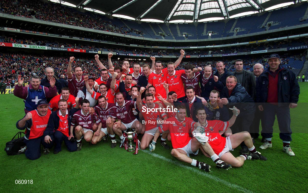 29 April 2001; Westmeath players and backroom team celebrate after the Allianz GAA National Football League Division 2 Final match between Westmeath and Cork at Croke Park in Dublin. Photo by Ray McManus/Sportsfile