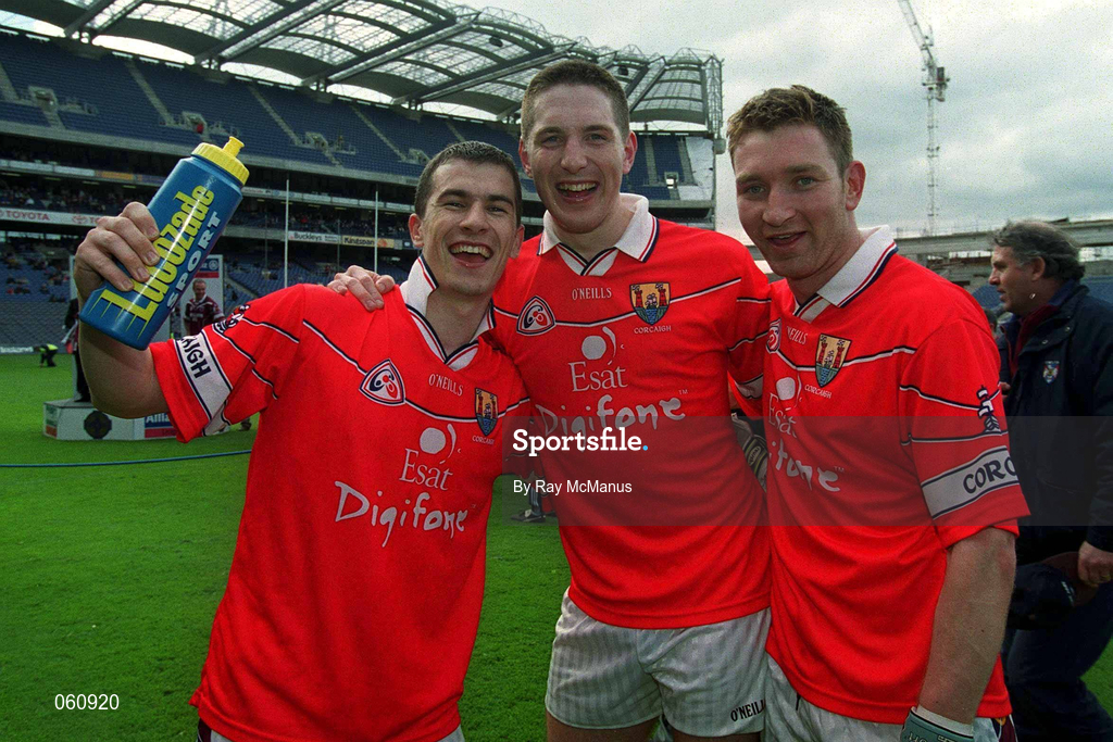29 April 2001; Westmeath players, wearing Cork jerseys, from left, Dessie Dolan, David O'Shaughnessy, and David Mitchell celebrate after the Allianz GAA National Football League Division 2 Final match between Westmeath and Cork at Croke Park in Dublin. Photo by Ray McManus/Sportsfile
