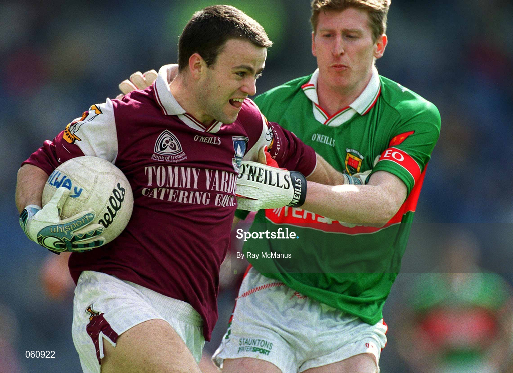 29 April 2001; Derek Savage of Galway is challenged by Kevin Cahill of Mayo during the Allianz GAA National Football League Division 1 Final match betweem Mayo and Galway at Croke Park in Dublin. Photo by Ray McManus/Sportsfile