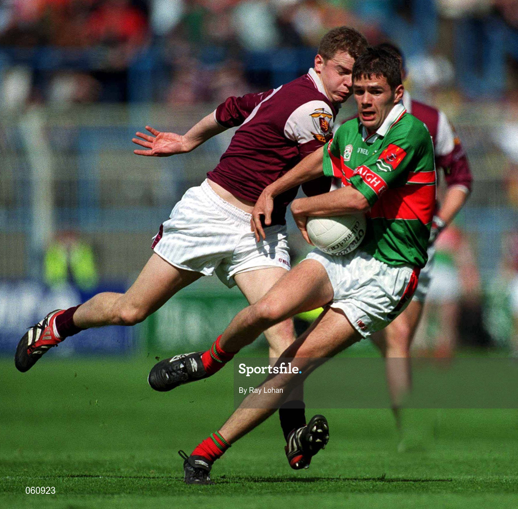 29 April 2001; James Gill of Mayo is tackled by Michael Donnellan of Galway during the Allianz GAA National Football League Division 1 Final match betweem Mayo and Galway at Croke Park in Dublin. Photo by Ray Lohan/Sportsfile
