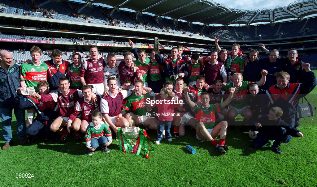 29 April 2001; The Mayo squad and backroom team celebrate with the cup after the Allianz GAA National Football League Division 1 Final match betweem Mayo and Galway at Croke Park in Dublin. Photo by Ray McManus/Sportsfile