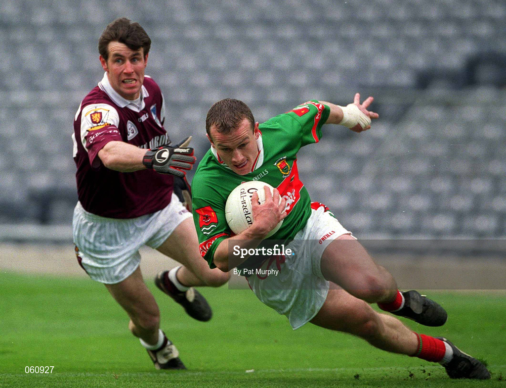 29 April 2001; Marty McNicholas of Mayo rounds Tomas Mannion of Galway during the Allianz GAA National Football League Division 1 Final match betweem Mayo and Galway at Croke Park in Dublin. Photo by Pat Murphy/Sportsfile