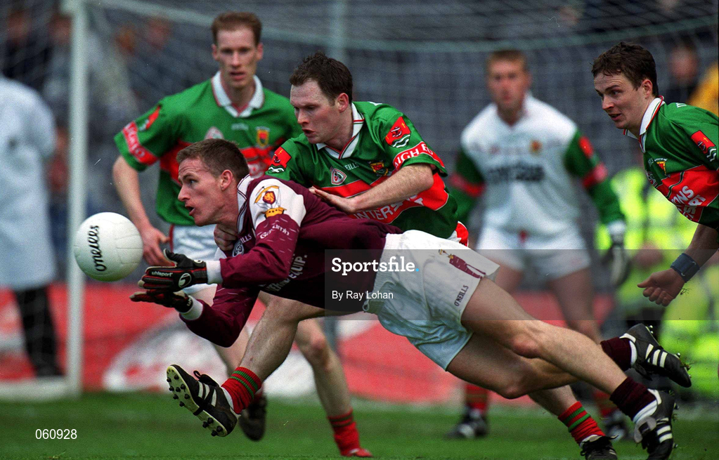 29 April 2001; Seán Óg de Paor of Galway in action against Fergal Costello of Mayo during the Allianz GAA National Football League Division 1 Final match betweem Mayo and Galway at Croke Park in Dublin. Photo by Ray Lohan/Sportsfile