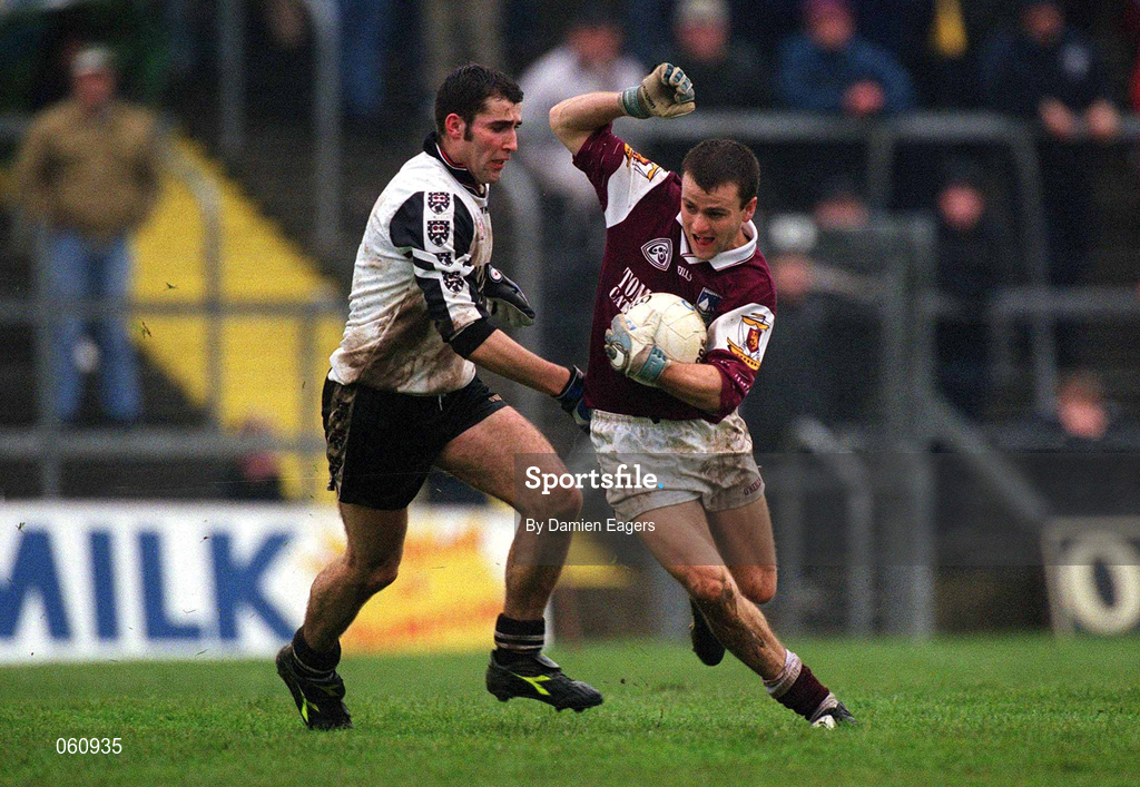 21 April 2001; Derek Savage of Galway in action against Brendan Philips of Sligo during the Allianz GAA National Football League Division 1 Semi-Final match between Galway and Sligo in Dr Hyde Park in Roscommon. Photo by Damien Eagers/Sportsfile