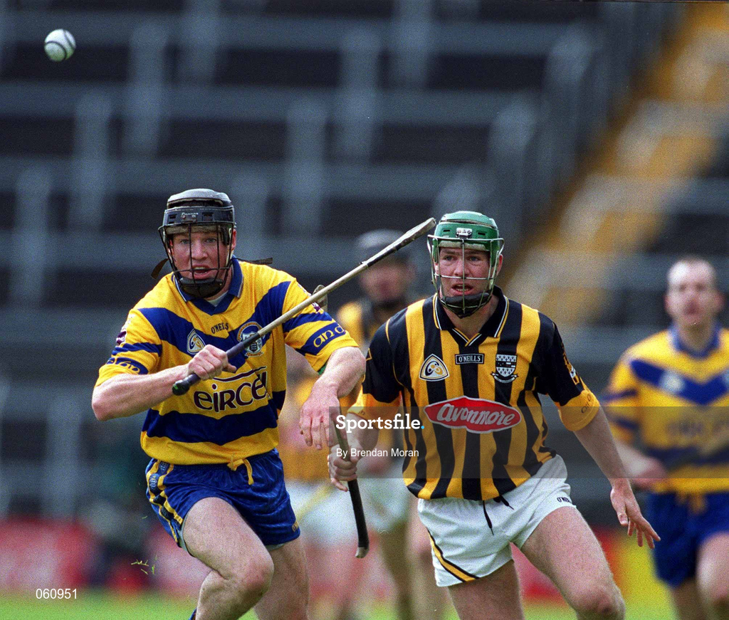 29 April 2001; Colm Forde of Clare in action against Jimmy Coogan of Kilkenny during the Allianz GAA National Hurling League Division 1 Semi-Final match between Clare and Kilenny at Semple Stadium in Thurles, Tipperary. Photo by Brendan Moran/Sportsfile