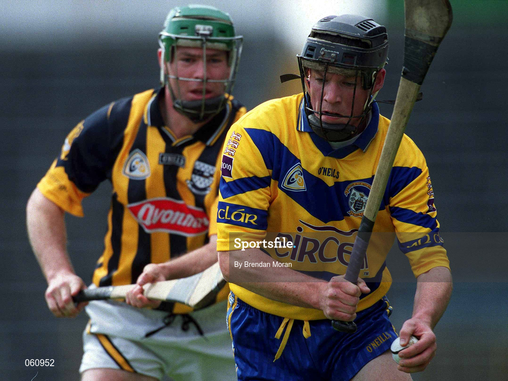 29 April 2001; Colm Forde of Clare in action against Jimmy Coogan of Kilkenny during the Allianz GAA National Hurling League Division 1 Semi-Final match between Clare and Kilenny at Semple Stadium in Thurles, Tipperary. Photo by Brendan Moran/Sportsfile