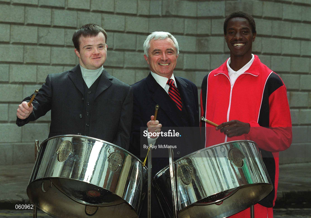 30 April 2001; Minister for Sport, Dr James McDaid, TD, with Sammy Harvey, Special Olympics Letterkenny, left, and Michael Alleyne, a member of the Trinidad & Tobago Special Olympics team who will be hosted by Letterkenny, at the 2003 Special Olympics World Games Host Town programme launch at the Bank of Ireland's Arts Centre in Dublin. Photo by Ray McManus/Sportsfile