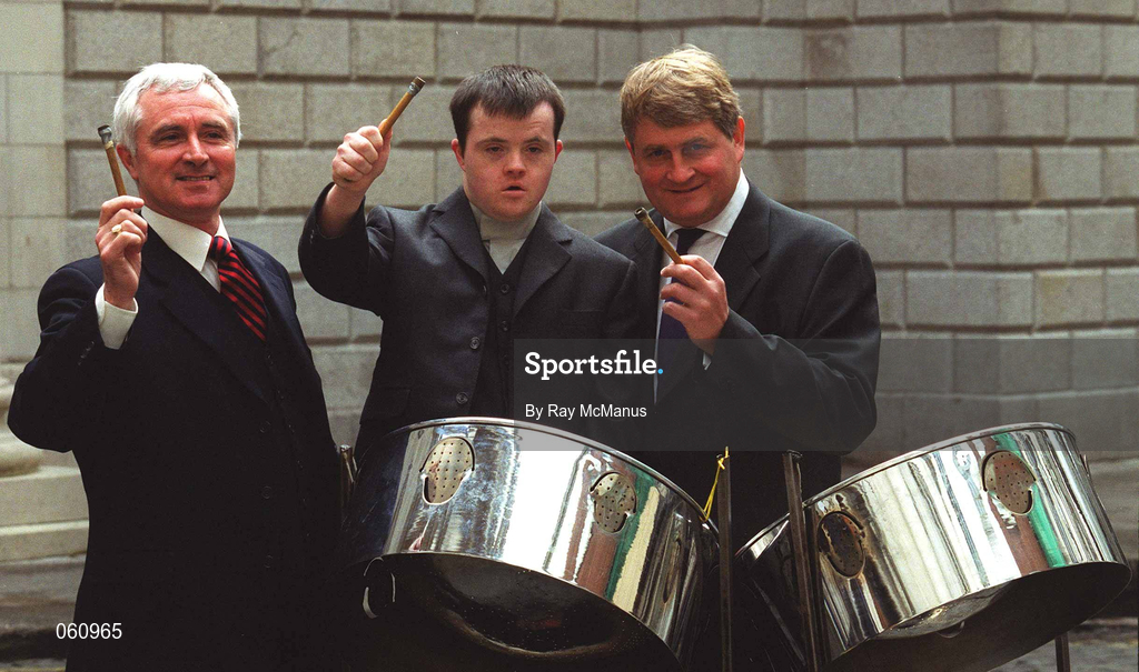 30 April 2001; Sammy Harvey, Special Olympics Letterkenny, with Minister for Sport, Dr James McDaid, TD, left, and Denis O'Brien, Chairman of the Games Organising Committee, at the 2003 Special Olympics World Games Host Town programme launch at the Bank of Ireland's Arts Centre in Dublin. Photo by Ray McManus/Sportsfile