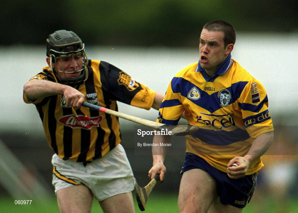 29 April 2001; Barry Murphy of Clare in action against Noel Hickey of Kilkenny during the Allianz GAA National Hurling League Division 1 Semi-Final match between Clare and Kilenny at Semple Stadium in Thurles, Tipperary. Photo by Brendan Moran/Sportsfile