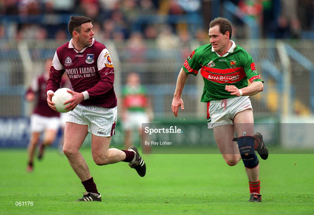 29 April 2001; Shay Walsh of Galway in action against Tom Nallen of Mayo during the Allianz GAA National Football League Division 1 Final match betweem Mayo and Galway at Croke Park in Dublin. Photo by Ray Lohan/Sportsfile