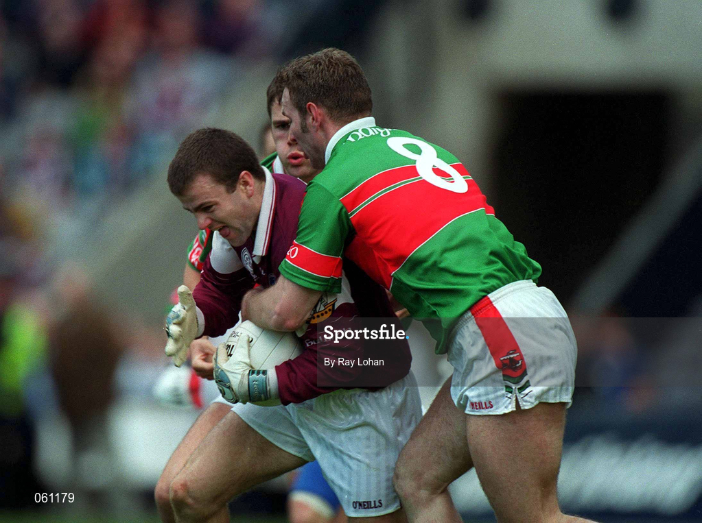 29 April 2001; Derek Savage of Galway in action against Colm McManaman of Mayo during the Allianz GAA National Football League Division 1 Final match betweem Mayo and Galway at Croke Park in Dublin. Photo by Ray Lohan/Sportsfile
